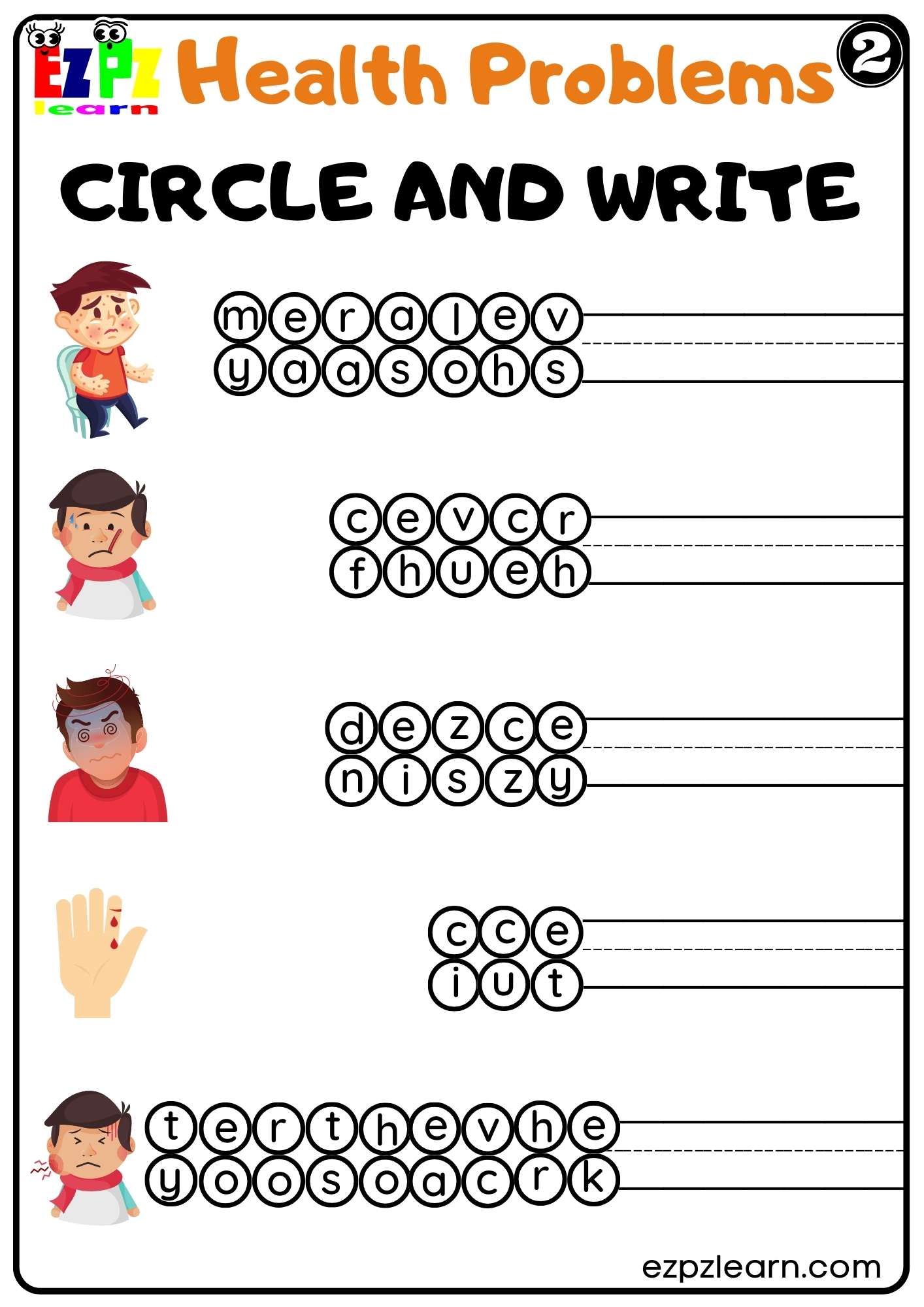 Health Problems Circle and Write Worksheet for K5 Kids and ESL Students Free PDF Download Set 2